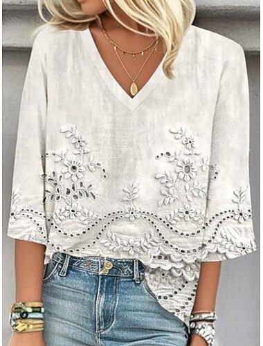  Damen Bluse Blumen Grafik Elegant Stilvoll Lässig Dreiviertelarm V Ausschnitt Normale Oberteile Täglich Ferien Ausgehen Druck Weiß Rosa Blau Sommer Frühling