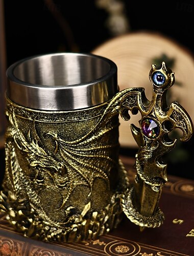 Drachenkrieger Bierkrug, Oktoberfest Geschenkbecher Western Mythologie Feuerdrache Stein, nordischer Schwertkrug, Kaffee & Bierbecher, Weihnachtsgeschenk für Männer