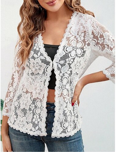  Γυναικεία Casual Jacket Αναπνέει Άνετο Δαντέλα Κουρελού Καθημερινό Σκέτο Διακοπές Δρόμος Causal Καθημερινά Ρούχα Μονόπετο Κανονικό Λαιμόκοψη V Κανονικό Μακρυμάνικο Εξωτερικά ενδύματα Λευκό