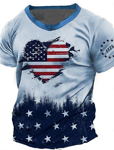  Amerikanischer Unabhängigkeitstag Herren Amerikanische US-Flagge T Shirt Kurzarm T-Shirt Grafikdruck Rundhalsausschnitt Hemd Mode Täglich Basic Straße Lässig Täglich Hellblau Khaki Grau Sommer