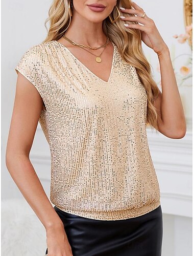  Dames Hemdje Tanktop Effen Kleur Elegant Stijlvol Basic Korte mouw V-hals Normale tops Dagelijks Pailletten Zilver Wit Champagne blauw Zomer