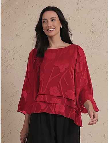  Damen Spitzenbluse Bluse Elegante Oberteile Chiffon Tops Einfarbig Blumen Elegant Stilvoll Lässig Halbarm Flattrige Ärmel U-Boot-Ausschnitt Normale Oberteile Hochzeitsgast Arbeit Täglich