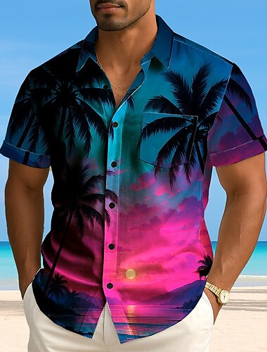 Herren Kokospalme Farbverlauf Tropische Pflanzen Sommer Hawaiihemd Knopfhemd Alohahemd Kurzarm Hawaiianisch Urlaub Sommer Frühling Umlegekragen 3D-Druck Hemden mit Kragen Eine Tasche vorne Dunkelblau