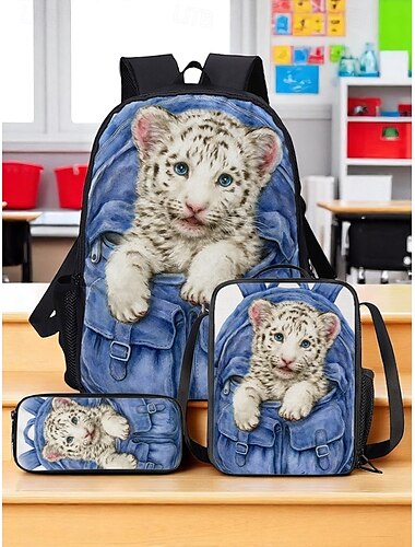  Ensemble de sacs à dos d'école 3 pièces pour enfants avec un joli imprimé léopard des neiges – sac à dos léger et imperméable avec sac à lunch et trousse à crayons pour garçons et filles, idéal pour les élèves du primaire. Utilisez Kayomi Harai