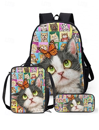  3-teiliges Rucksackset mit Katzen-Print für Kinder mit Lunchtasche und Federmäppchen – süßer Cartoon-Stil, robust und leicht, perfekt für die Schule, Reisen und den täglichen Gebrauch von Mädchen, Kayomi Harai