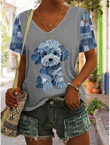  Damen T Shirt Grafik Tiermotiv Vintage Stilvoll Klassisch Kurzarm V Ausschnitt Normale Oberteile Täglich Druck Weiß Marineblau Grau Leicht Blau Sommer Frühling