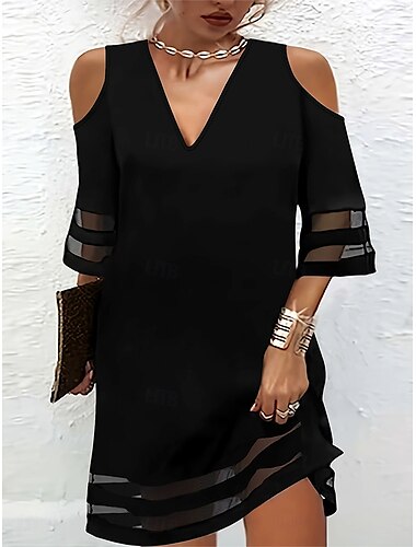  Dames Halflange jurk Hemdjurk Zomerjurk Casual Koude schouder Uitlopende mouw Normale pasvorm Effen Kleur Effen Mouwloos Strakke ronde hals Zwart Zomer Lente