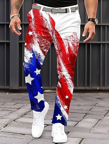  Herren Anzughose Hose Slim Fit Hose mit Taschen Amerikanische US-Flagge Patriotisch Knielang Lässig Ferien Klassisch Weiß Unelastisch