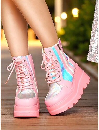  Roze platform combat boots voor dames, holografische veterschoenen met dikke hak en rits aan de zijkant, gedurfde streetstyle voor uitgaansgelegenheden en feestoutfits