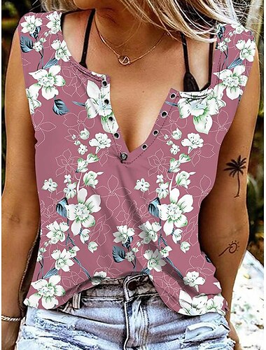  Damen Camisole-Tanktop Blumen Grafik Täglich Lässig Ärmellos V Ausschnitt Normale Oberteile Täglich Rosa Blau Grün Sommer Frühling