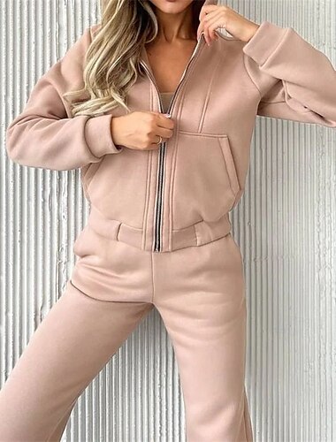  Damen Trainingsanzug Jogginghose Athleisure Herbst Langarm Winddicht Fitnessstudio Training Sport Sportbekleidung Sportkleidung Einfarbig Schwarz Weiß Rosa