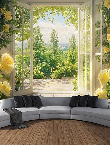  Fenster blumen blumen pflanzen landschaft wandteppich dekorative kunst teppich vorhang hängen hause schlafzimmer wohnzimmer dekoration