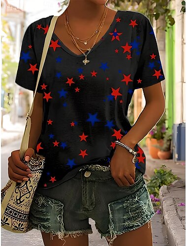  Unabhängigkeitstag Frauen Patriotic Fourth of July Baumwollshirt Grafische Vintage Stilvoll Klassisch Ärmellos Kurzarm V-Ausschnitt Reguläre Oberteile Täglich Druck Schwarz Weiß Pink Grün Beige