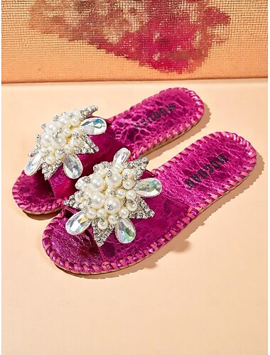  Flache Damensandalen mit Kristall- und Perlenblumendetail – glamouröse Pantoletten für Partys und besondere Anlässe im Nachtleben