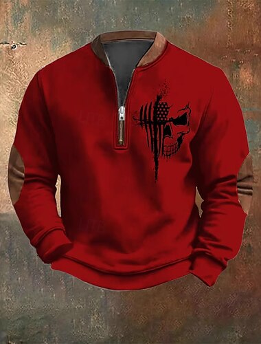  Herren Sweatshirt Viertelreißverschluss Sweatshirt Schwarz Weiß Rote Marineblau Grau Halber Reißverschluss Farbblock Schädel Amerikanische Flagge Halber Reißverschluss Druck Sport & Outdoor Täglich