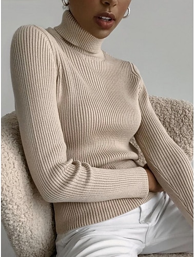  女性用 ニット エレガント カジュアル ソフト ピュアカラー リブ タートルネック ニット 長袖 レギュラートップス ニット アウトドア 日常 週末 ブラック ホワイト 秋 冬