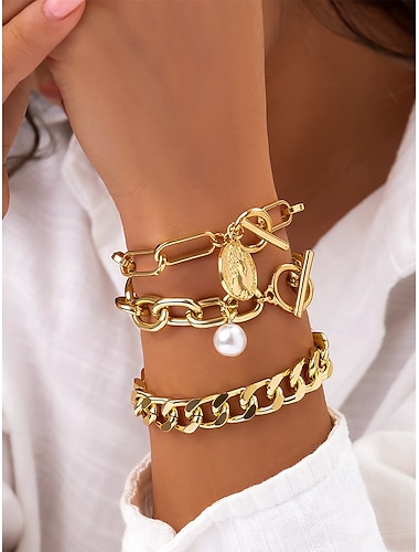  Damen-Set mit Goldkette und Perlenarmband, modischer Schmuck mit Knebelverschluss, eleganter Lagenstil für Mädchen und Frauen, ideal für Partys, Hochzeiten, das Büro und den Alltag.