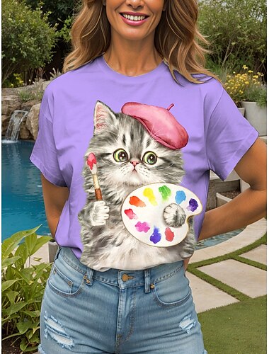  Damen T Shirt Grafik Tiermotiv Katze Vintage Stilvoll Klassisch Kurzarm Rundhalsausschnitt Rundhals Normale Oberteile Täglich Wochenende Druck Weiß Gelb Rosa Rote Blau Sommer Frühling