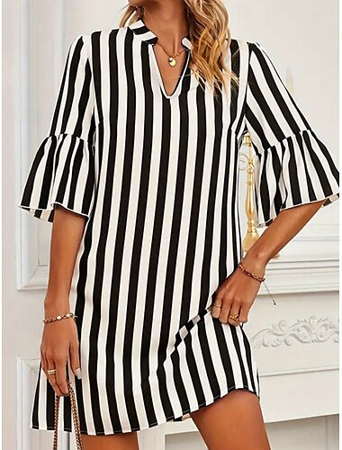  Damen Minikleid A Linie Kleid Sommerkleid Lässig Täglich Normale Passform Gestreift Dreiviertelarm Einkerbiger Ausschnitt Schwarz Sommer