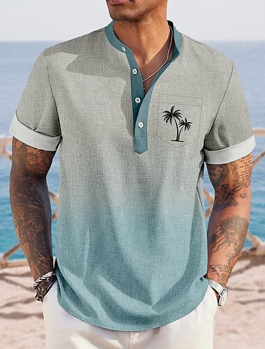  Herren Kokospalme Farbverlauf Hawaiihemden Henley Hemd Stehkragenhemd Kurzarm Hawaiianisch Urlaub Lässig Sommer Frühling Mandarinkragen Stehkragen Knöpfe Eine Tasche vorne Leinenähnliches Hemd Rosa