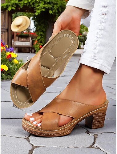  Damen-Sandalen mit gekreuzten Riemen und dickem Absatz – Sommer-Pantoletten im Vintage-Stil für Gartenpartys, Urlaub und Tagesveranstaltungen