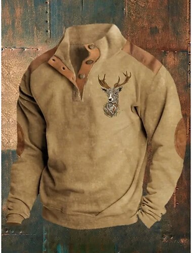  Herren Sweatshirt Schwarz Marineblau Braun Khaki Stehkragen Grafik Rentier Druck Täglich Ferien Ausgehen Polyester Vintage Streetwear Lässig Herbst Winter Bekleidung Kapuzenpullover Sweatshirts