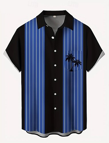  Herren Kokospalme Gestreift Hemd Sommer Hawaiihemd Knopfhemd Kurzarm Hawaiianisch Ferien Strandbekleidung Sommer Frühling Umlegekragen 3D-Druck Hemden mit Kragen Eine Tasche vorne Gelb Blau