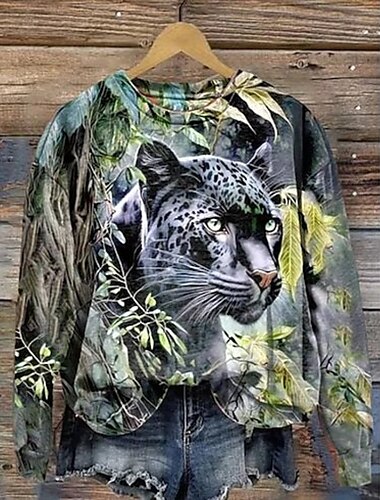  Damen Pullover Sweatshirt Grafik Tiermotiv Warm Aktiv Vintage Langarm Rundhalsausschnitt Rundhals Normale Oberteile Straße Alltagskleidung Lässig Druck Schwarz Rosa Dunkelpink Blau Dunkelgrün