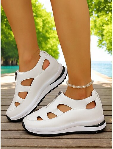  Weiße Sportsandalen für Damen mit Aussparungsdesign, leichte Schuhe mit Reißverschluss für bequeme Spaziergänge, aktives Reisen und tägliche Besorgungen