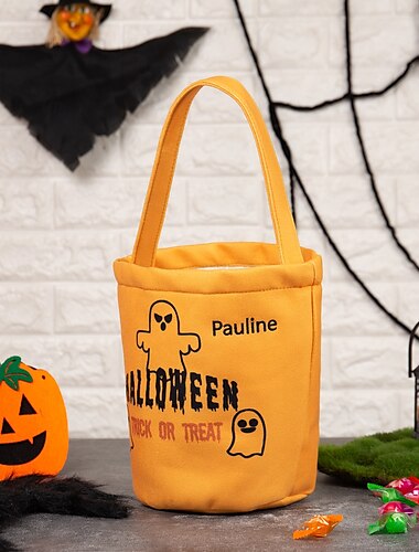  Pungă de Halloween cu nume personalizată pentru copii, coșuleț personalizat cu bomboane pentru dulciuri, sac de cadouri drăguț cu desene animate pentru copii mici, pungă ușoară și durabilă pentru