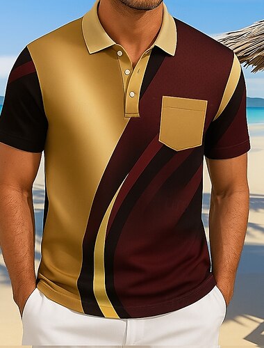  Herren Abstrakt Linie Polo Kurzarm Polo-Shirts Hemden mit Kragen Lässig Resort Outdoor Athleisure Alltagskleidung Knöpfe Tasche 3D-Druck Sommer Dunkel Braun Grau