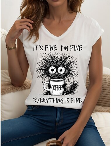  Damen Bluse Grafik Katze Buchstabe Vintage Stilvoll Klassisch Ärmellos Kurzarm V Ausschnitt Normale Oberteile Täglich Urlaubskleidung Druck Schwarz Weiß Gelb Rosa Blau Sommer Frühling