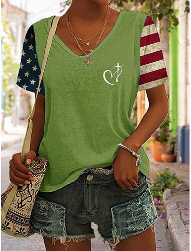  Onafhankelijkheidsdag Vrouwen Patriottische Vierde Juli T Shirt Grafisch Vlag Vintage Stijlvol Klassiek Korte Mouwen V-hals Reguliere Tops Dagelijks Print Zwart Blauw Paars Groen Zomer Lente