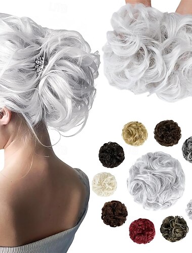  Moño desordenado, coleteros ondulados y rizados, moño esponjoso, recogido grueso, elegante moño para mujeres y niñas, gris plateado, 38 g