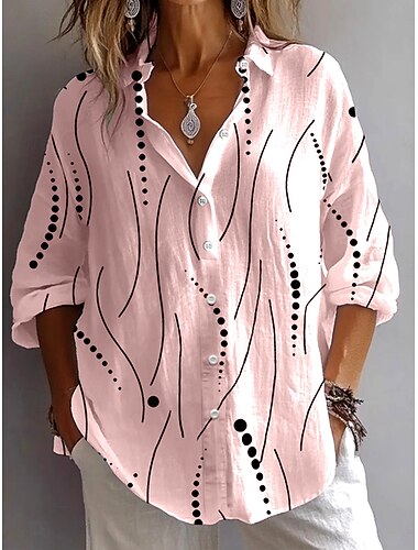  Damen Hemd Bluse Grafik Tupfen Vintage Tropisch Stilvoll Langarm Hemdkragen Normale Oberteile Täglich Ferien Ausgehen Knöpfe Weiß Rosa Blau Khaki Sommer Frühling