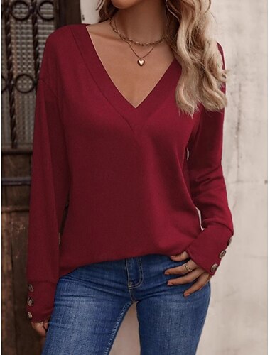  Damen Bluse Einfarbig Stilvoll Lässig Langarm V Ausschnitt Normale Oberteile Täglich Knöpfe Schwarz Weiß Wein Armeegrün Marineblau Frühling Herbst