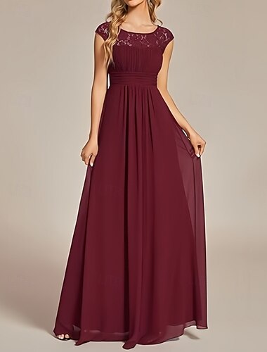  A-Line Bryllups gjesteklær Elegant Kjole Bryllups gjest Forlovelse Gulvlengde Uten ermer Crew Neck Chiffon med Plisseringer Rynking