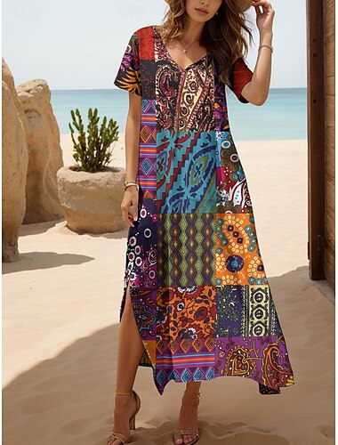 Dames Halflange jurk Zonnejurk A lijn jurk Zomerjurk Bohemen Vakantie Vintage Ruim Passend Bloemig Grafisch Paisley Korte mouw V-hals Geel blauw Paars Groen Zomer Lente Herfst
