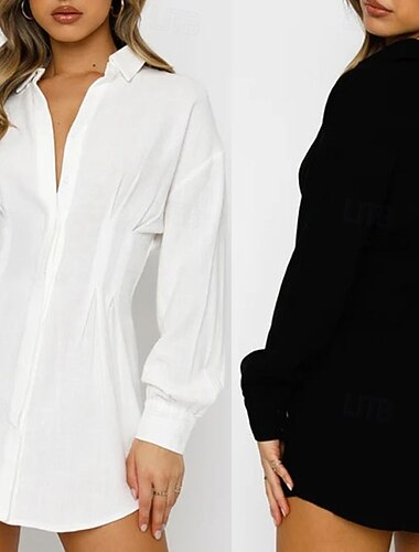  Жен. Мини-платье Платье-рубашка Классика Современное Отпуск Повседневные На выход Стандартный Полотняное плетение Длинный рукав Рубашечный воротник Черный Белый Лето