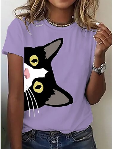  Damen T Shirt Grafik Tiermotiv Katze Vintage Stilvoll Trendy Kurzarm Rundhalsausschnitt Normale Oberteile Täglich Wochenende Druck Schwarz Rosa Blau Purpur Sommer