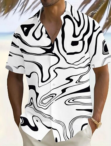  Herren Geometrisch Wellen Abstrakte Kunst Hemd Sommerhemd Knopfhemd Kurzarm Modisch lässig Urlaub Ferien Streetwear Sommer Umlegekragen 3D-Druck Eine Tasche vorne Leinenähnliches Hemd Weiß