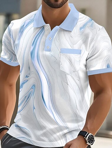  Herren Geometrisch Linie Polo Kurzarm Polo-Shirts Hemden mit Kragen Business-Casual Outdoor Athleisure Alltagskleidung Tasche 3D-Druck Knöpfe Sommer Rosa Blau Gold
