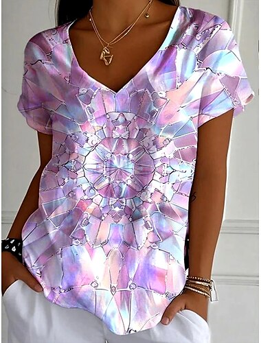  Damen T Shirt Grafik 3D Mode Stilvoll Lässig Kurzarm V Ausschnitt Normale Oberteile Täglich Ausgehen Wochenende Druck Hellgrün Rosa Blau Purpur Sommer Frühling