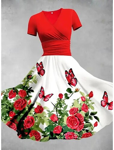  Damen Midikleid Sommerkleid Figurbetontes Kleid Urlaub Party Lässig Hochzeitsgast Geburtstag Täglich Normale Passform Blumen Grafik Kurzarm V Ausschnitt Rote Blau Grün Sommer