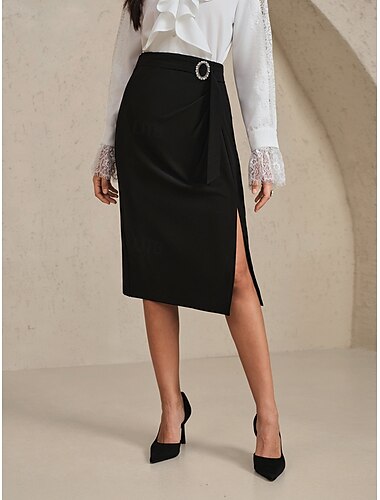  Dam Kjol Elegant Knälång Hög midja Kjolar Slät Elastisk Kontor / Karriär Dagligen Svart Sommar Stickat