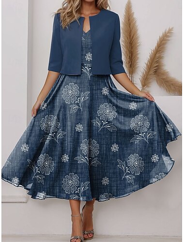  Damen Kleid-Set A Linie Kleid Sommerkleid Party Halbformelle Kleider Blumen Grafik Druck Midikleid Halbarm V Ausschnitt Party Hochzeitsgast Gelb Rosa Blau Frühling Herbst Normale Passform