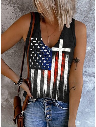  Unabhängigkeitstag Frauen Patriots vierten Juli Trägertop Grafik Flagge Vintage Tropisch Stilvoll Ärmelos V-Ausschnitt Reguläre Tops Täglicher Druck Denim Blau Schwarz Weiß Rot Blau Sommer Frühling