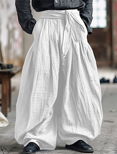  Voor heren Linnen broek Broek Zomerbroek Wijde broek Strandbroeken Elastische taille Effen Comfort Ademend Vakantie Dagelijks Feestdagen Vintage Boho Wit Marineblauw
