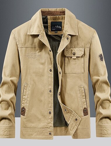  Men's Sport Coat Chore Jacket Windcheater Jacket Sports Outdoor Casual Waterproof Windbreaker Zipper Pocket Fall Winter Solid Color WorkWear Hooded Regular Navy Blue Khaki Army Green Jacket