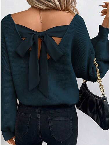  Damen Pullover Lässig Weich Einfarbig Gerippt V Ausschnitt Offener Rücken Gestrickt Langarm Normale Oberteile Stricken Outdoor Täglich Wochenende Schwarz Königsblau Herbst Winter